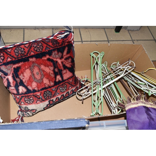 482 - TWO BOXES OF TEXTILES, DOLL AND SUNDRY ITEMS, to include a double ended doll c1930s-1950s, with comp... 