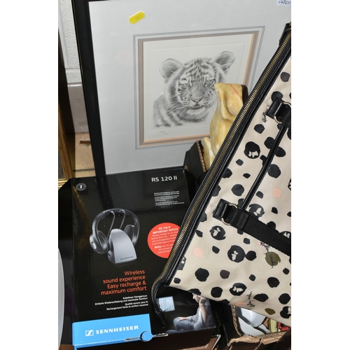 483 - A BOX AND LOOSE CERAMICS, GLASS, HEADPHONES, PICTURES AND SUNDRY ITEMS, to include a Radley tote bag... 