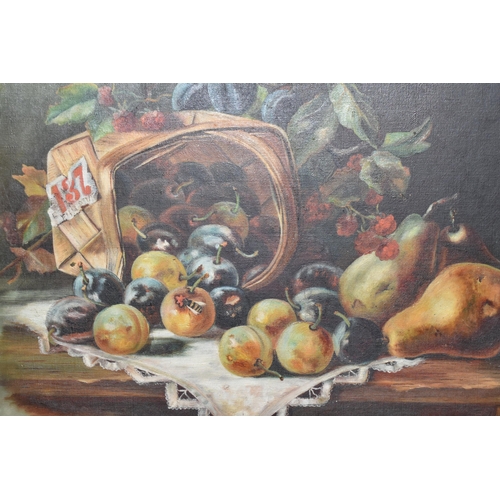 485 - A SMALL QUANTITY OF PAINTINGS AND PRINTS ETC, to include an oil on canvas still life study of fruit ... 