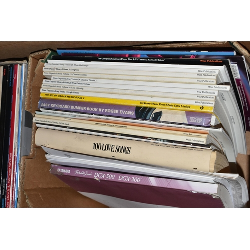 487 - FOUR BOXES OF KEYBOARD MUSIC, MAGAZINES, BOOKS, BOWLER HAT, CLOCK AND SUNDRY ITEMS, to include two b... 