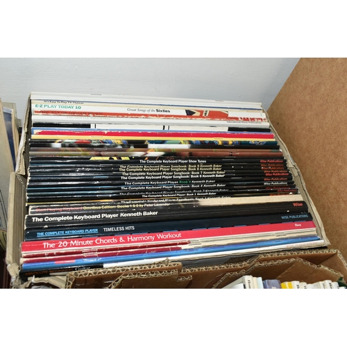 487 - FOUR BOXES OF KEYBOARD MUSIC, MAGAZINES, BOOKS, BOWLER HAT, CLOCK AND SUNDRY ITEMS, to include two b... 