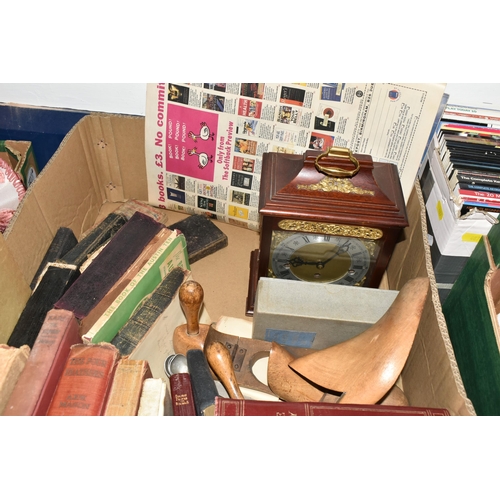 487 - FOUR BOXES OF KEYBOARD MUSIC, MAGAZINES, BOOKS, BOWLER HAT, CLOCK AND SUNDRY ITEMS, to include two b... 