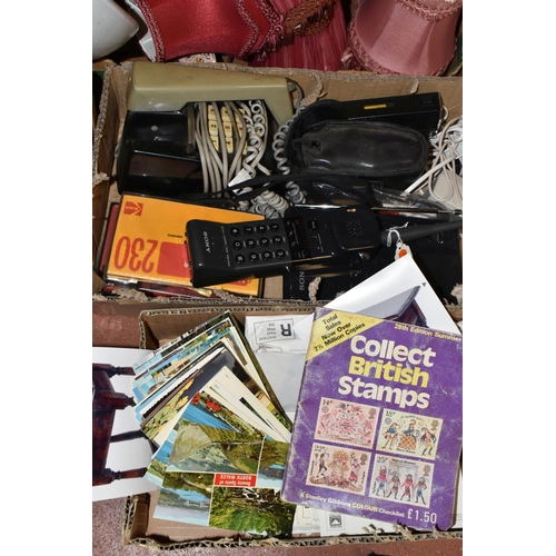 488 - SIX BOXES OF VINTAGE ELECTRONICS, LAMPS, POSTCARDS AND SUNDRY ITEMS, to include a Sony SPP-170 cordl... 