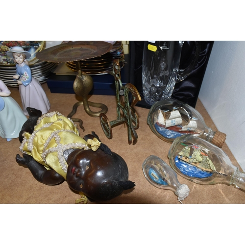 489 - A GROUP OF FIGURINES, COLLECTORS PLATES, GLASS, METAL WARES AND SUNDRY ITEMS, to include a Royal Dou... 