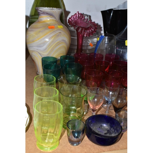 494 - A GROUP OF COLOURED AND DECORATIVE GLASS WARES, to include a pink and white Nailsea bell and similar... 