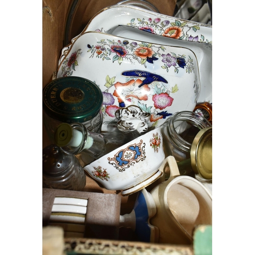 495 - SIX BOXES OF CERAMICS AND GLASS WARES, to include two Churchill Willow pattern tureens, Willow patte... 