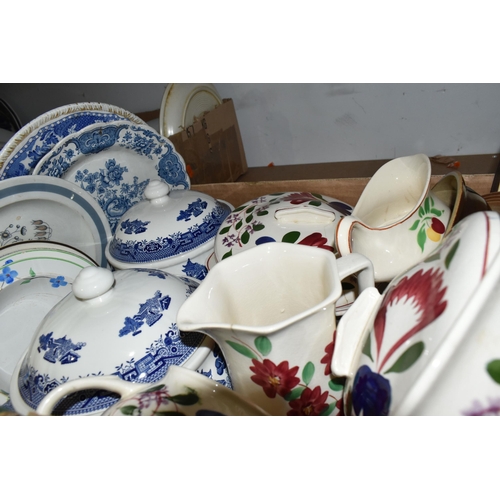 495 - SIX BOXES OF CERAMICS AND GLASS WARES, to include two Churchill Willow pattern tureens, Willow patte... 