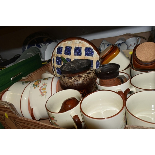 495 - SIX BOXES OF CERAMICS AND GLASS WARES, to include two Churchill Willow pattern tureens, Willow patte... 