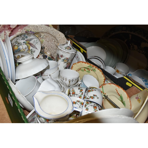 495 - SIX BOXES OF CERAMICS AND GLASS WARES, to include two Churchill Willow pattern tureens, Willow patte... 