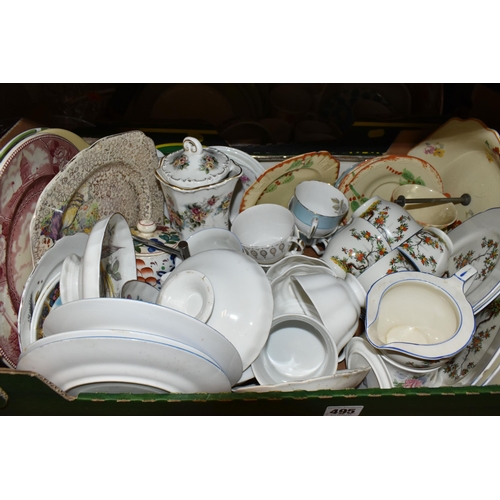 495 - SIX BOXES OF CERAMICS AND GLASS WARES, to include two Churchill Willow pattern tureens, Willow patte... 