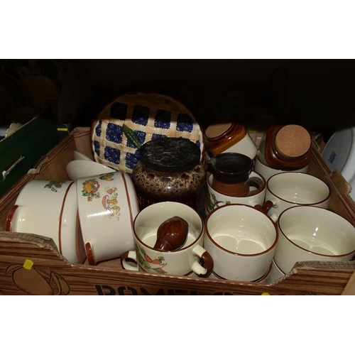 495 - SIX BOXES OF CERAMICS AND GLASS WARES, to include two Churchill Willow pattern tureens, Willow patte... 