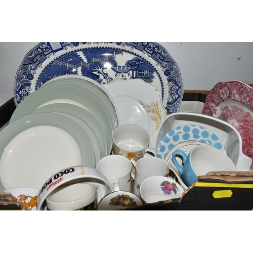 495 - SIX BOXES OF CERAMICS AND GLASS WARES, to include two Churchill Willow pattern tureens, Willow patte... 