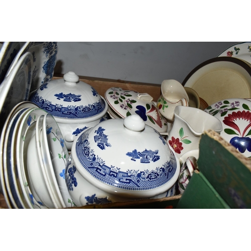 495 - SIX BOXES OF CERAMICS AND GLASS WARES, to include two Churchill Willow pattern tureens, Willow patte... 