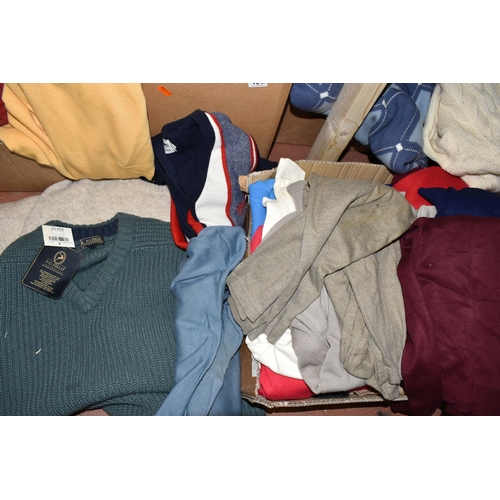 496 - FIVE BOXES OF KNITWEAR, a quantity of men's jumpers, size L, to include a PG Field dark green jumper... 