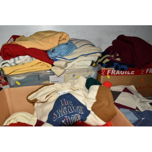 496 - FIVE BOXES OF KNITWEAR, a quantity of men's jumpers, size L, to include a PG Field dark green jumper... 