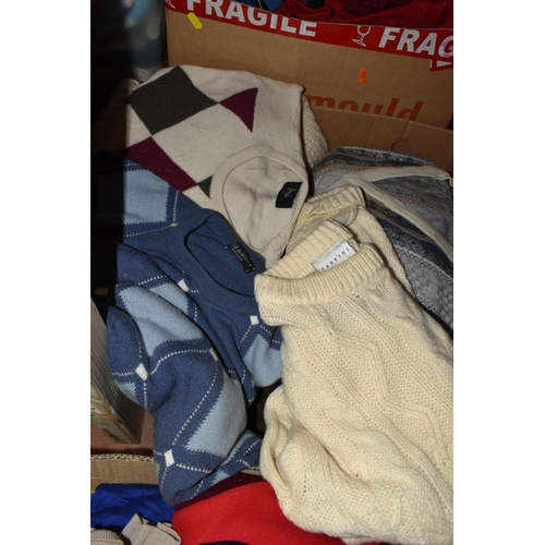 496 - FIVE BOXES OF KNITWEAR, a quantity of men's jumpers, size L, to include a PG Field dark green jumper... 