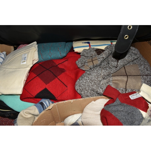 509 - THREE BOXES AND TWO SUITCASES OF MEN'S JUMPERS, some still with tags attaches, brands include St Mic... 