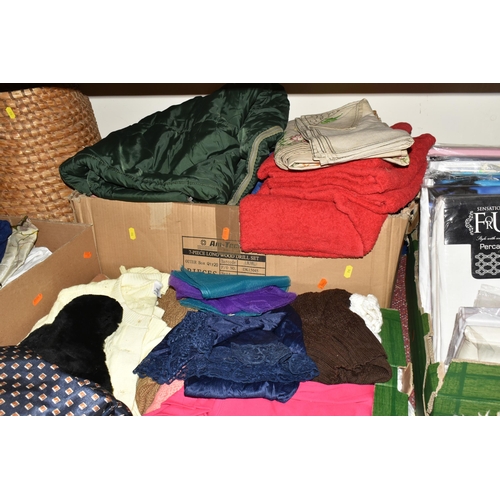 512 - SIX BOXES AND LOOSE BEDDING, TABLE LINEN AND CLOTHING ETC, to include a box of bed linen in sealed p... 