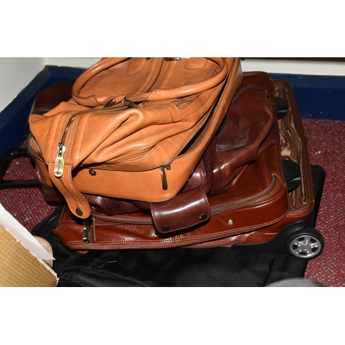 516 - A BOX AND LOOSE BAGS, LUGGAGE AND UMBRELLAS ETC, to include an Ashwood branded leather weekend bag a... 