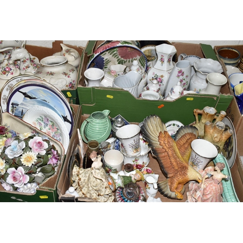 519 - FIVE BOXES OF MISCELLANEOUS CERAMICS, to include a Bossons chalkware eagle wall plaque, a collection... 