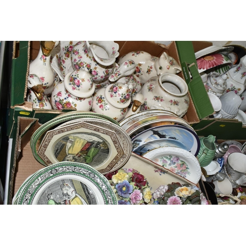 519 - FIVE BOXES OF MISCELLANEOUS CERAMICS, to include a Bossons chalkware eagle wall plaque, a collection... 