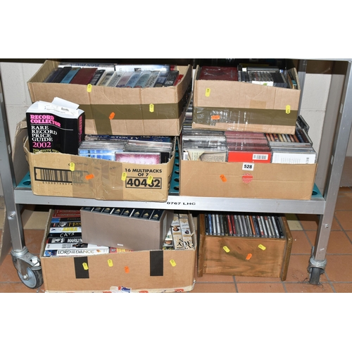 528 - SIX BOXES OF CDS AND VIDEOS, to include thirty new and unused TDK TV 180 VHS cassettes, a boxed set ... 