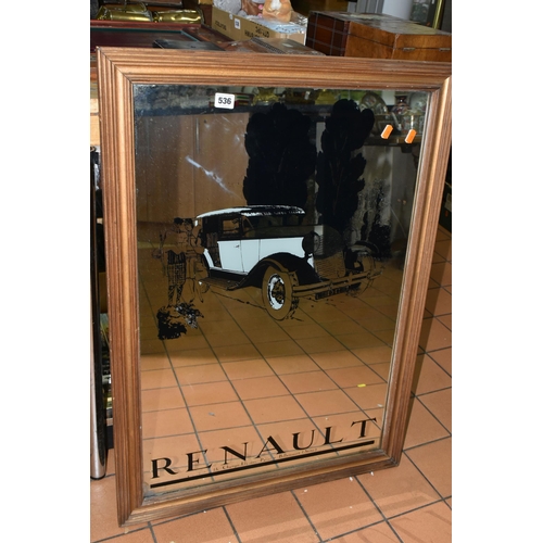 536 - A VINTAGE RENAULT ADVERTISING MIRROR, approximate size 90cm x 65cm including frame, together with an... 