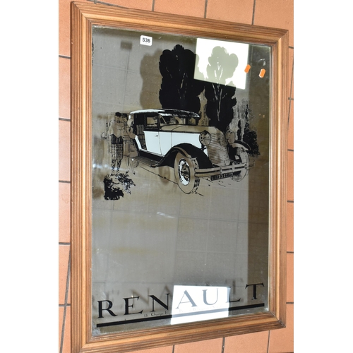 536 - A VINTAGE RENAULT ADVERTISING MIRROR, approximate size 90cm x 65cm including frame, together with an... 