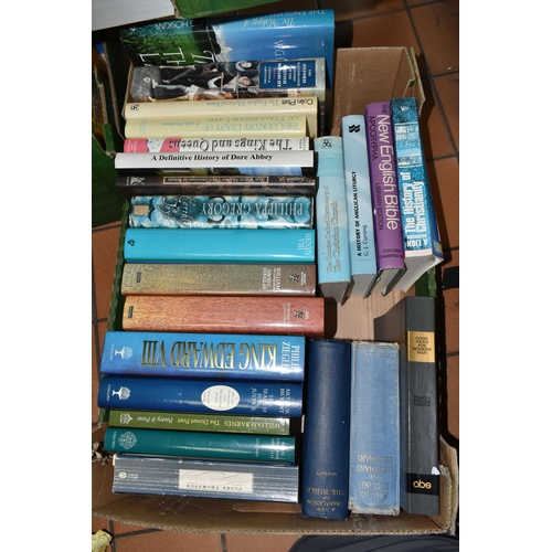 544 - FOUR BOXES OF BOOKS, over ninety titles in hardback and paperback formats, to include history, histo... 