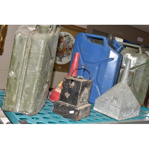 547 - THREE 20 LITRE METAL JERRY CANS, one stamped with crows foot arrow and dated 1987, one in poor exter... 