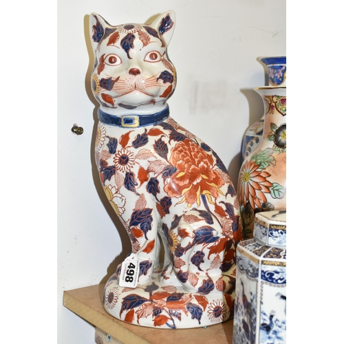 498 - A COLLECTION OF LARGE VASES, LAMP AND CAT FIGURE, to include an Oriental ceramic cat figure with Ima... 