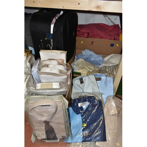 502 - FIVE BOXES AND THREE SUITCASES OF MEN'S CLOTHING, to include a box of as new packaged shirts, collar... 