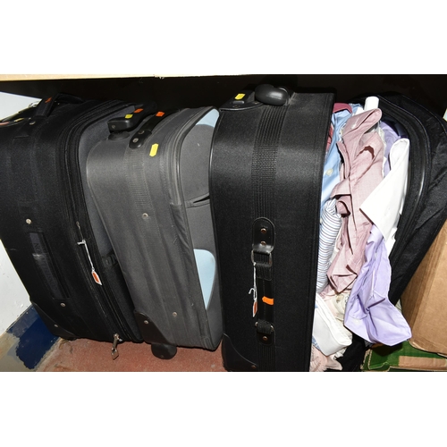 502 - FIVE BOXES AND THREE SUITCASES OF MEN'S CLOTHING, to include a box of as new packaged shirts, collar... 