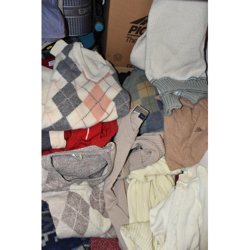 509 - THREE BOXES AND TWO SUITCASES OF MEN'S JUMPERS, some still with tags attaches, brands include St Mic... 