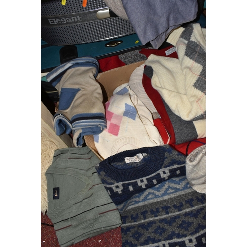 509 - THREE BOXES AND TWO SUITCASES OF MEN'S JUMPERS, some still with tags attaches, brands include St Mic... 