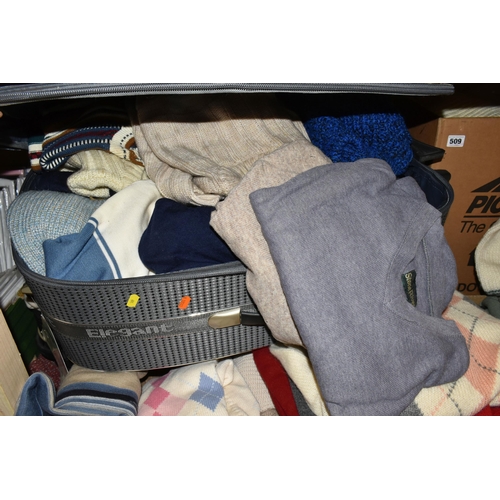 509 - THREE BOXES AND TWO SUITCASES OF MEN'S JUMPERS, some still with tags attaches, brands include St Mic... 