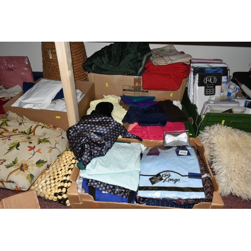 512 - SIX BOXES AND LOOSE BEDDING, TABLE LINEN AND CLOTHING ETC, to include a box of bed linen in sealed p... 