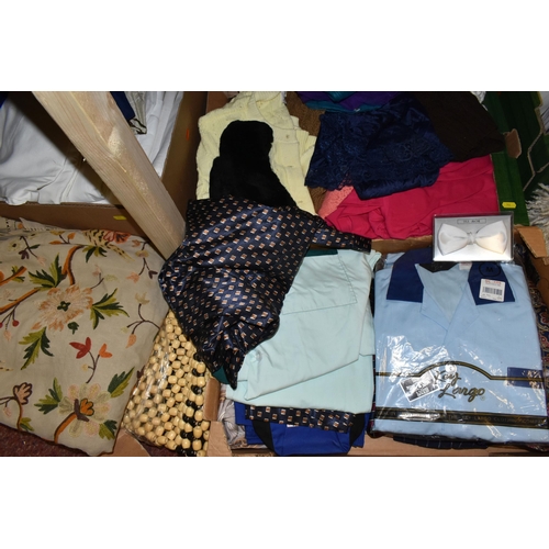 512 - SIX BOXES AND LOOSE BEDDING, TABLE LINEN AND CLOTHING ETC, to include a box of bed linen in sealed p... 