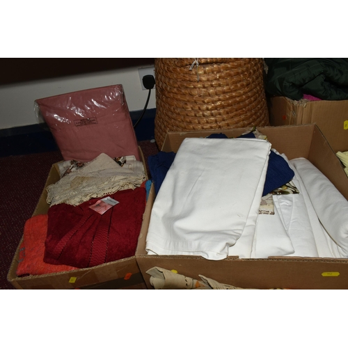 512 - SIX BOXES AND LOOSE BEDDING, TABLE LINEN AND CLOTHING ETC, to include a box of bed linen in sealed p... 