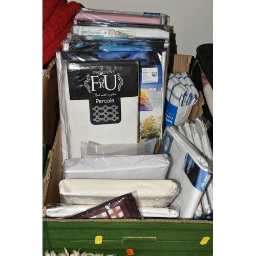 512 - SIX BOXES AND LOOSE BEDDING, TABLE LINEN AND CLOTHING ETC, to include a box of bed linen in sealed p... 