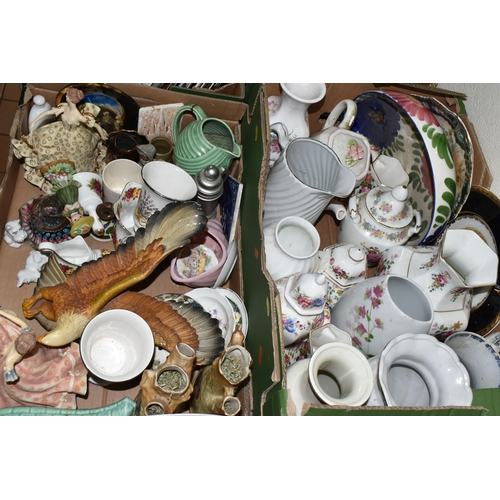 519 - FIVE BOXES OF MISCELLANEOUS CERAMICS, to include a Bossons chalkware eagle wall plaque, a collection... 