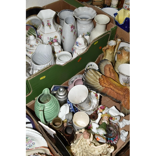 519 - FIVE BOXES OF MISCELLANEOUS CERAMICS, to include a Bossons chalkware eagle wall plaque, a collection... 