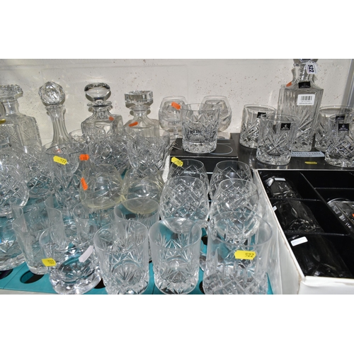 522 - A QUANTITY OF CUT CRYSTAL AND GLASSWARE, comprising a boxed set of six Royal Doulton Crystal whisky ... 