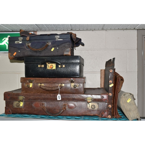 524 - A COLLECTION OF SIX PIECES OF EARLY TO MID CENTURY TRAVELLING LUGGAGE, comprising a brown leather br... 