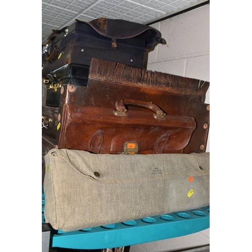 524 - A COLLECTION OF SIX PIECES OF EARLY TO MID CENTURY TRAVELLING LUGGAGE, comprising a brown leather br... 