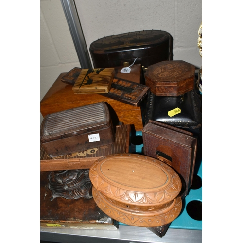 526 - A COLLECTION OF EARLY 20TH CENTURY WOODEN BOXES, comprising an olive wood Jerusalem souvenir cigaret... 