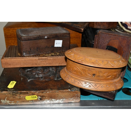 526 - A COLLECTION OF EARLY 20TH CENTURY WOODEN BOXES, comprising an olive wood Jerusalem souvenir cigaret... 