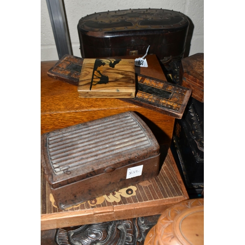 526 - A COLLECTION OF EARLY 20TH CENTURY WOODEN BOXES, comprising an olive wood Jerusalem souvenir cigaret... 