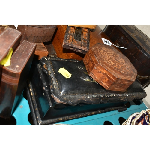 526 - A COLLECTION OF EARLY 20TH CENTURY WOODEN BOXES, comprising an olive wood Jerusalem souvenir cigaret... 