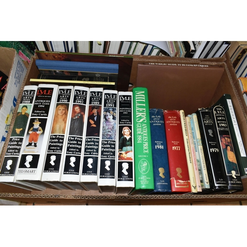 535 - SEVEN BOXES OF BOOKS AND MAGAZINES, over two hundred titles to include antiques, military history, G... 